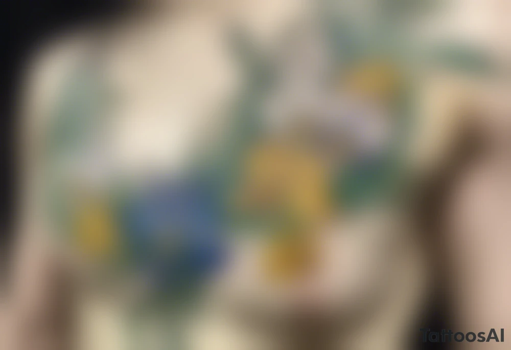 Create a colorful Vincent van Gogh Irises tattoo with an ancient Greek female statue in the middle in white marble. The tattoo should take the form of a crescent, with vines gracefully intertwining at a central point in the middle of the wreath.  The intended placement is on the upper chest. The overall design should be small in size while maintaining a delicate and artistic aesthetic. Pay attention to the graceful flow of the vines and the placement of the irises to achieve a refined and elegant look. tattoo idea