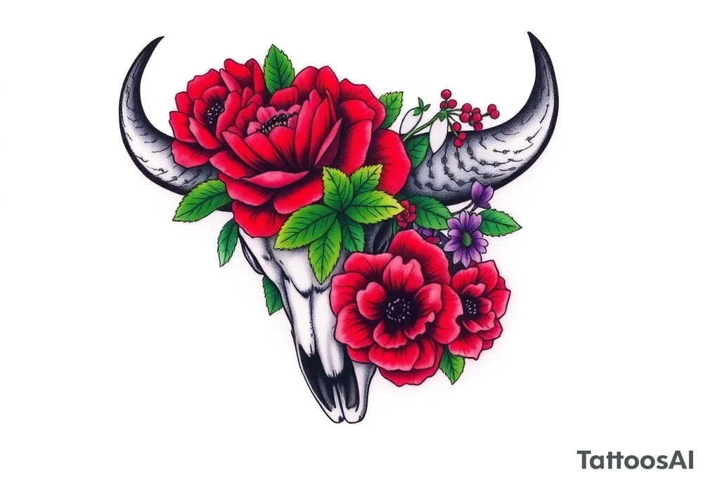 Buffalo or bison skull with flowers. Red Peony, snowdrop, green holly with red berries, purple larkspur,  red peony. Colour. For upper arm or shoulder. Masculin. tattoo idea