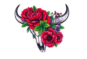 Buffalo or bison skull with flowers. Red Peony, snowdrop, green holly with red berries, purple larkspur,  red peony. Colour. For upper arm or shoulder. Masculin. tattoo idea
