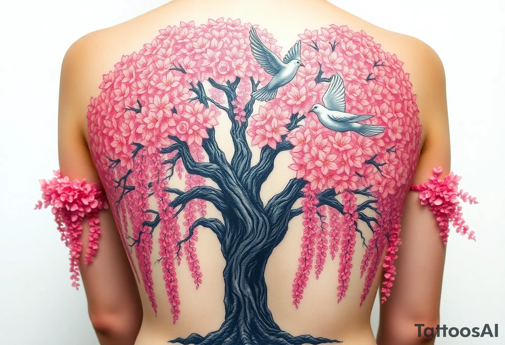 A big pink, weeping tree with huge  lushish leaves and a beautiful trunk. there are 2 doves. 1 is a flying into the sky. The second one is hovering above the ground that’s turning black like she stained with grief. Goth romance 
These are the dates I want dainty in the heavily overflow of weeping cherry blossom branches and leaves March 31, 2024 – July 2, 2024 tattoo idea