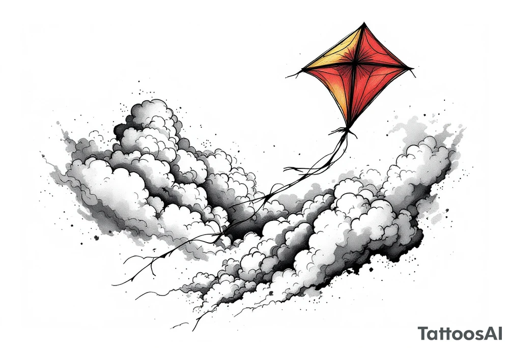 A red and gold kite soaring high over clouds, capturing childlike freedom and joy. tattoo idea