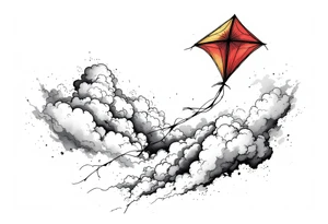 A red and gold kite soaring high over clouds, capturing childlike freedom and joy. tattoo idea