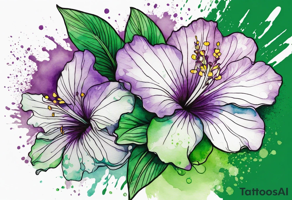 An outline of an only green rio dipladenia flower and a green and purple watercolor splash in the background tattoo idea