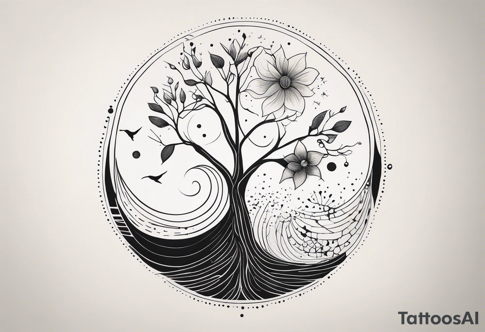 A minimalist tattoo design featuring a vertical composition. At the center is a large, abstract flower with intricate dotted shading and clean lines. A delicate tree with bare branches grows from the top of the flower, while flowing leaves emerge from the bottom. Surrounding the flower are abstract elements like small geometric shapes, a few birds, and a crescent moon, all positioned in a visually balanced way. There’s a circular solar element near the flower, with rays extending outward. The entire design is made up of fine lines, dot work, and subtle shading, creating a harmonious mix of nature and geometric abstraction. Make the tattoo vertically aligned, skinnier width and longer width tattoo idea