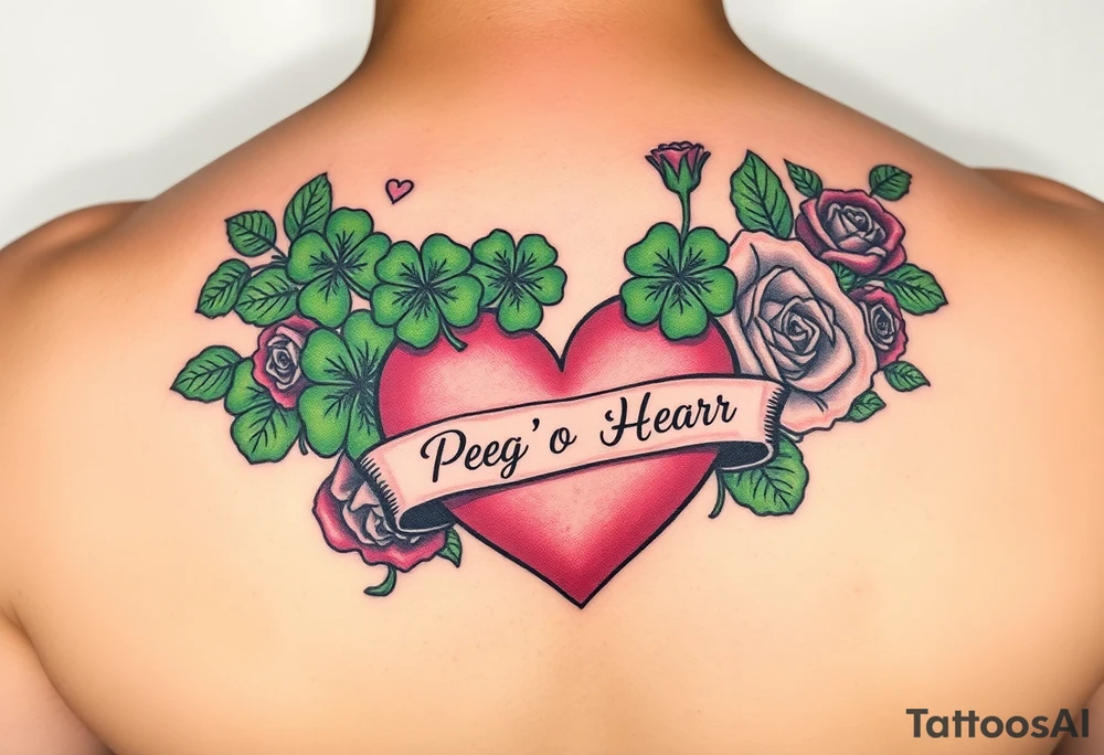 Bunch of Green shamrocks & a few red roses with a big Pink heart and a banner across the heart that says " Peg 'o My Heart" tattoo idea