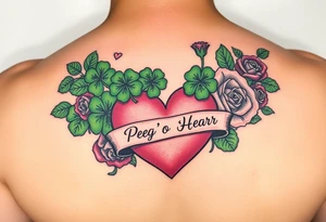 Bunch of Green shamrocks & a few red roses with a big Pink heart and a banner across the heart that says " Peg 'o My Heart" tattoo idea