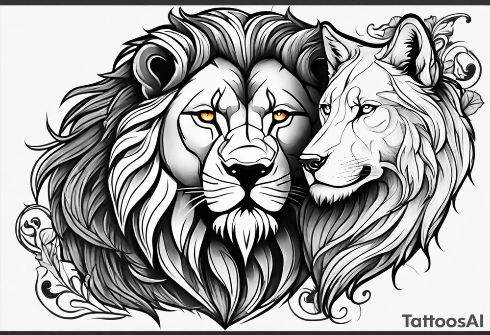 A lion and a wolf standing together, symbolizing loyalty and family tattoo idea