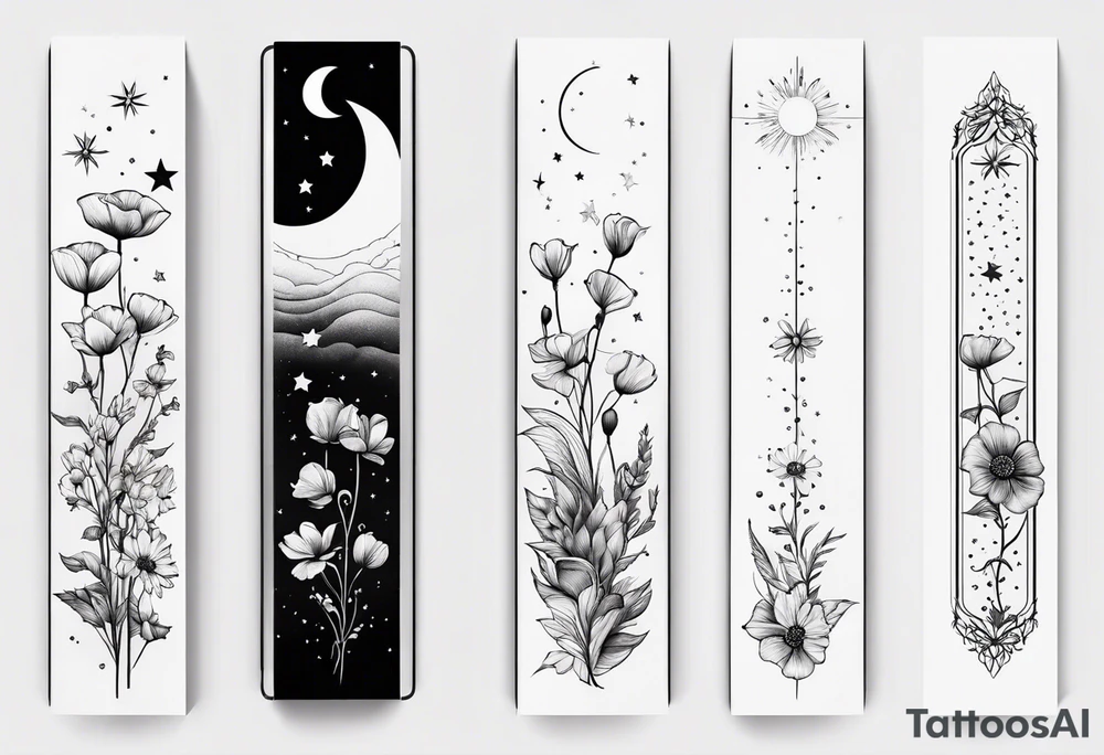 fine line vertical spine tattoo with stars, moon, clouds, poppy dainty very simple tattoo idea