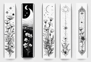 fine line vertical spine tattoo with stars, moon, clouds, poppy dainty very simple tattoo idea