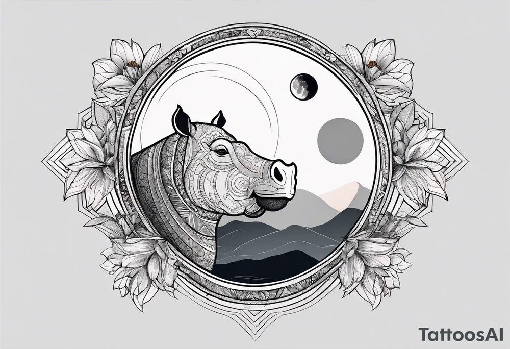 Very asymmetrical, +geometric pattern, with realistic full moon, with hippo head, wintersweet flower bud, +portrait orientation, +inkart touch, tattoo idea