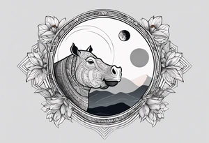 Very asymmetrical, +geometric pattern, with realistic full moon, with hippo head, wintersweet flower bud, +portrait orientation, +inkart touch, tattoo idea