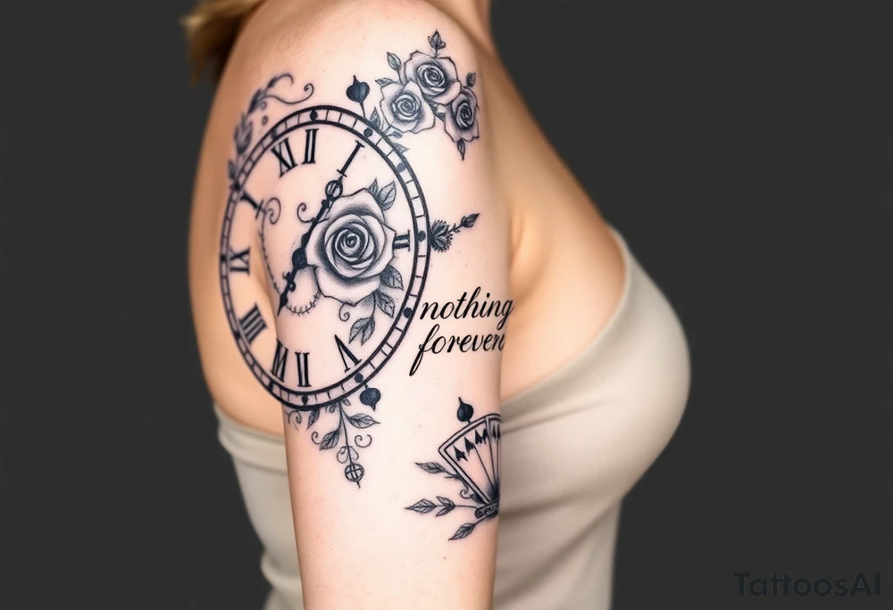 Roman clock with roses and a crown, a quote that says nothings forever. and on the bottom a deck of cards tattoo idea