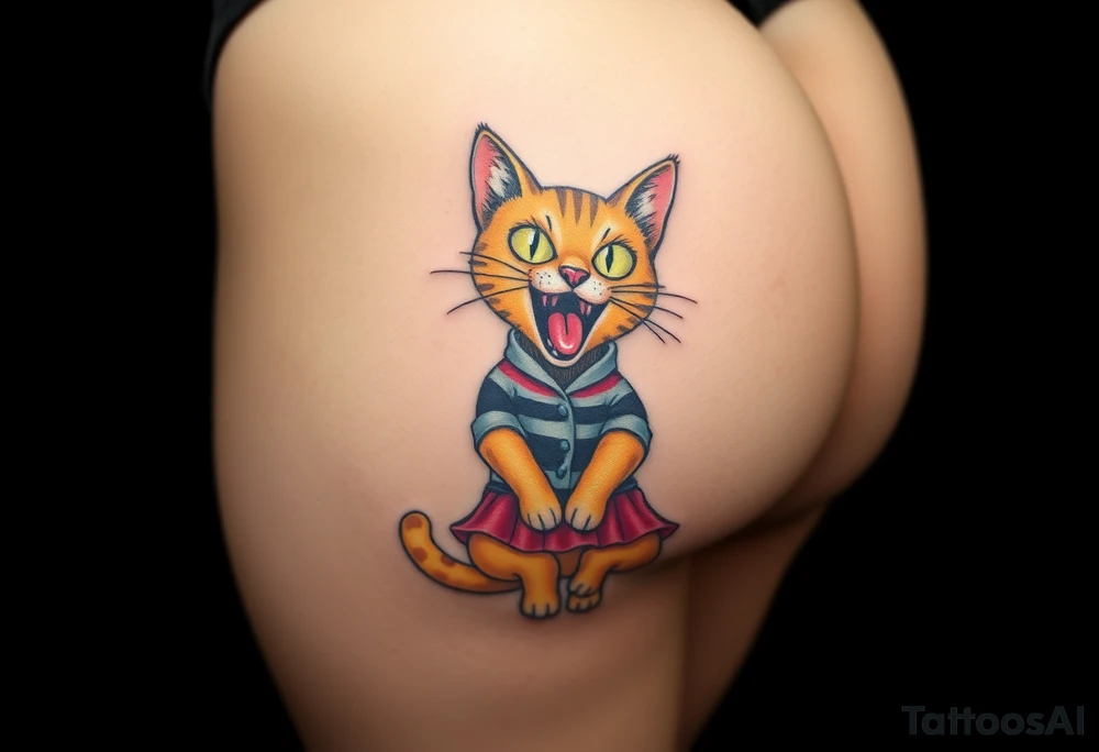 Design a tattoo of a high-quality full color illustration in a surrealism style. The main element should an insane  cat wearing a straightjacket  that has its arms bound tight against its body .its sitting upright on its butt  wearing  a  skirt that is knee length and displaying a wild, crazy expression on its face.  , bulging eyes and tongue hanging out of  one side og its mouth ,very detailed, very colorful and  vivid ,it is depicting a cat locked in a facility for the mentally ill, highest quality tattoo . it  is placed on the buttock  of a young woman with a perfectly shaped firm butt, tattoo idea