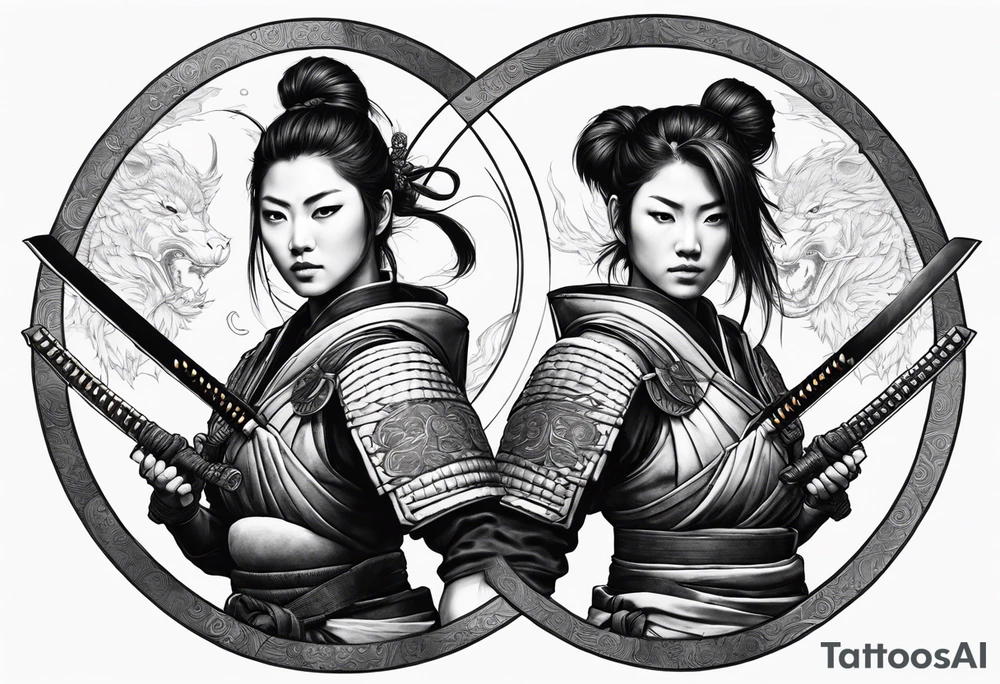 3 female samurais in body armor wielding dual swords, you can only see their backs, in front of a incomplete enso circle tattoo idea