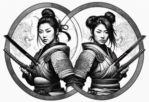 3 female samurais in body armor wielding dual swords, you can only see their backs, in front of a incomplete enso circle tattoo idea