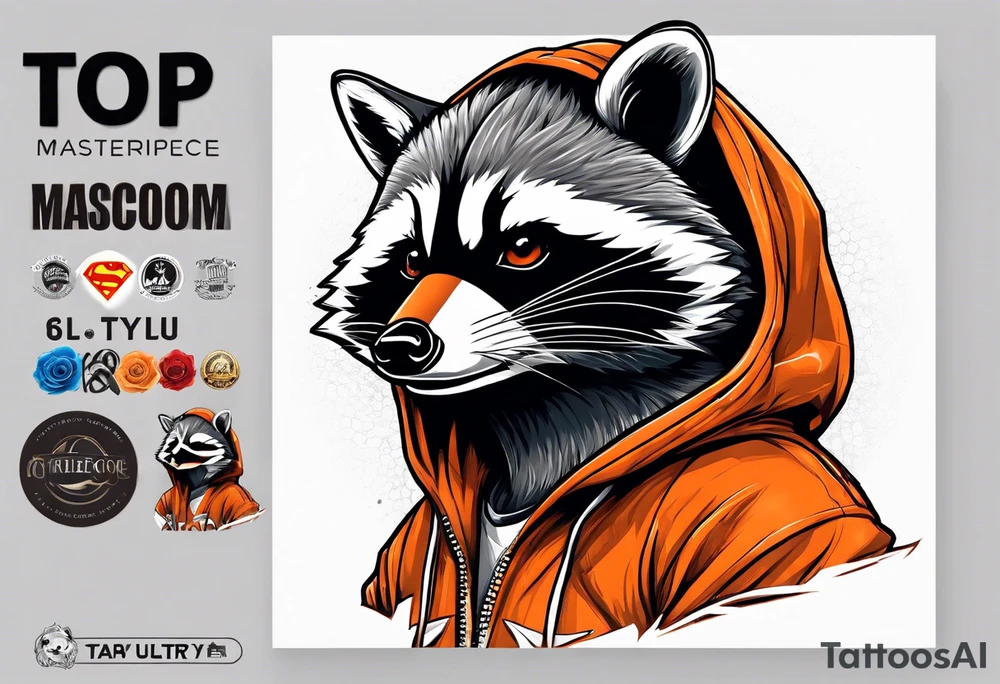 Raccoon wearing an orange Superman hoodie tattoo idea