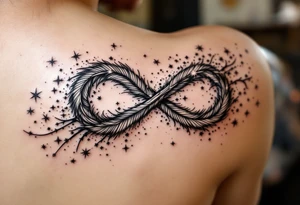 infinity symbol woven with floating feathers and stardust tattoo idea