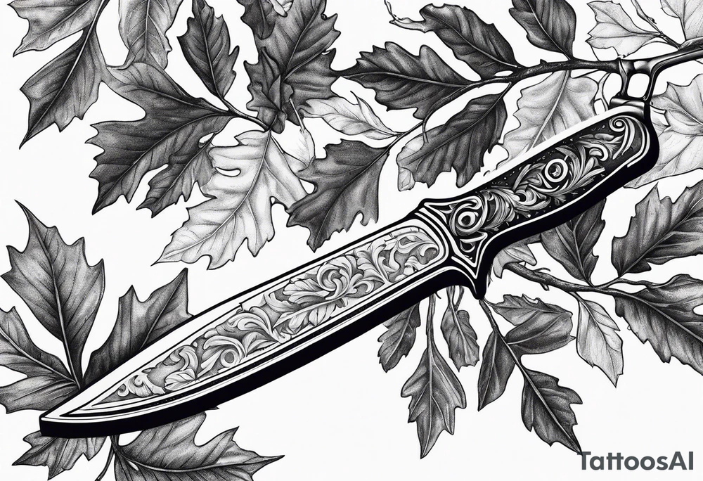 a straight razor lies in oak leaves. tattoo idea