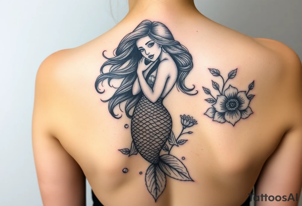 ethereal mermaid with flowing hair among coral and sea flowers tattoo idea