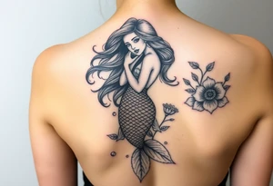 ethereal mermaid with flowing hair among coral and sea flowers tattoo idea