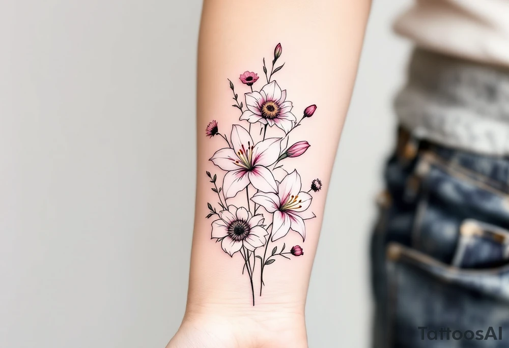 stargazer lillies in pink and white with small sunflowers and poppies in a dainty wildflower bouquet with stems tattoo idea