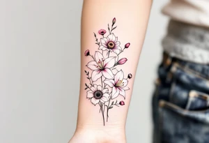 stargazer lillies in pink and white with small sunflowers and poppies in a dainty wildflower bouquet with stems tattoo idea