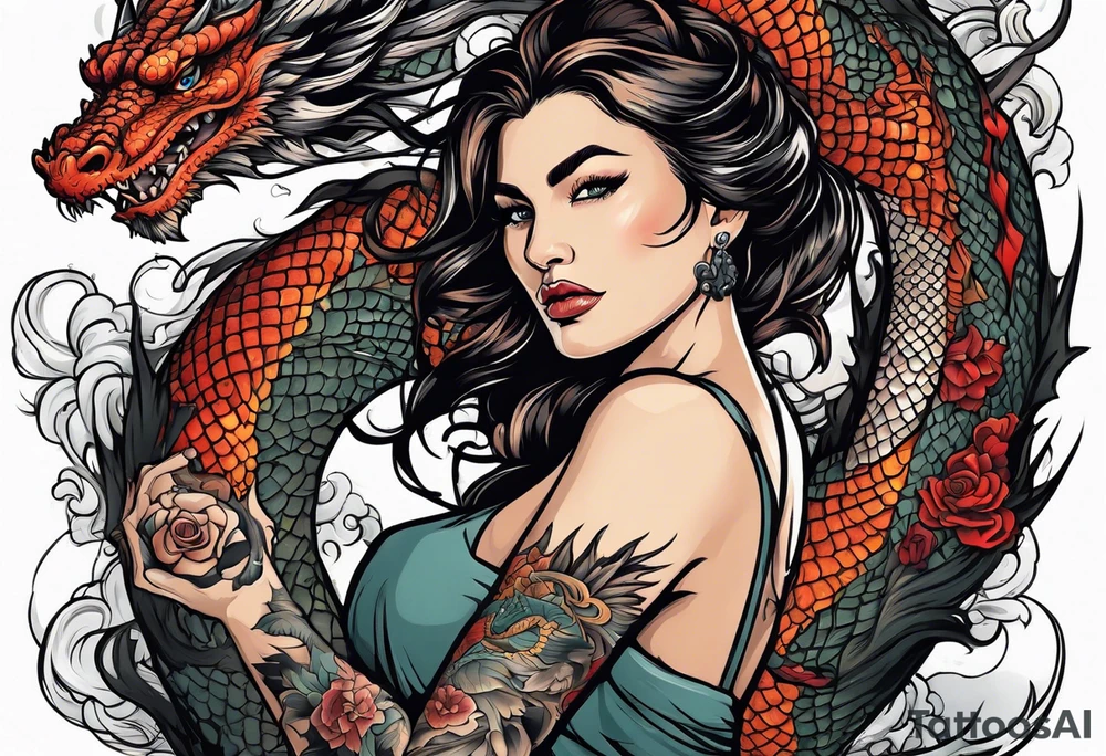 Naked woman fighting a dragon tattoo idea