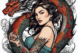 Naked woman fighting a dragon tattoo idea