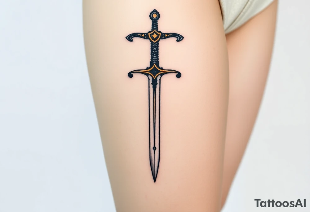 A medieval sword-shaped "T" in iron black with bronze highlights. tattoo idea