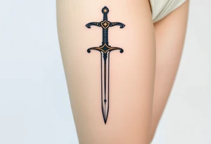 A medieval sword-shaped "T" in iron black with bronze highlights. tattoo idea