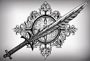 longsword a thin long sword that has feathers facing the same direction at a slightliy away angle from the sword tattoo idea