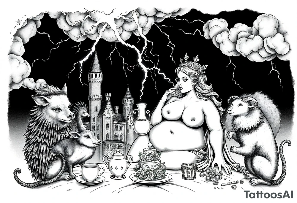 Storm lightening clouds gothic sexy naked fat lady having a tea party with tea pot and medieval castle
with a pig, peacock, noose, lion, goat, smoking cigerettes looking in the mirror having sex with a man eating a cake thru storm clouds with razor blades and broken hearts and darkness and wrath, envy , gluttony, greed, sloth, pride kill tattoo idea