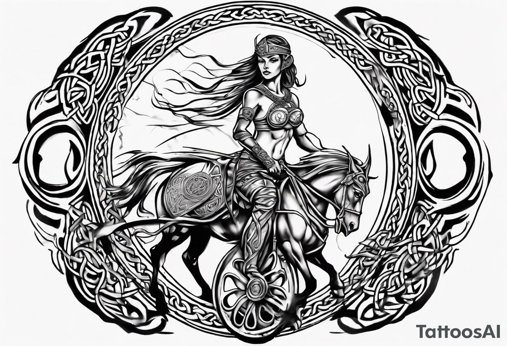 Celtic style female warrior in front on chariot tattoo idea