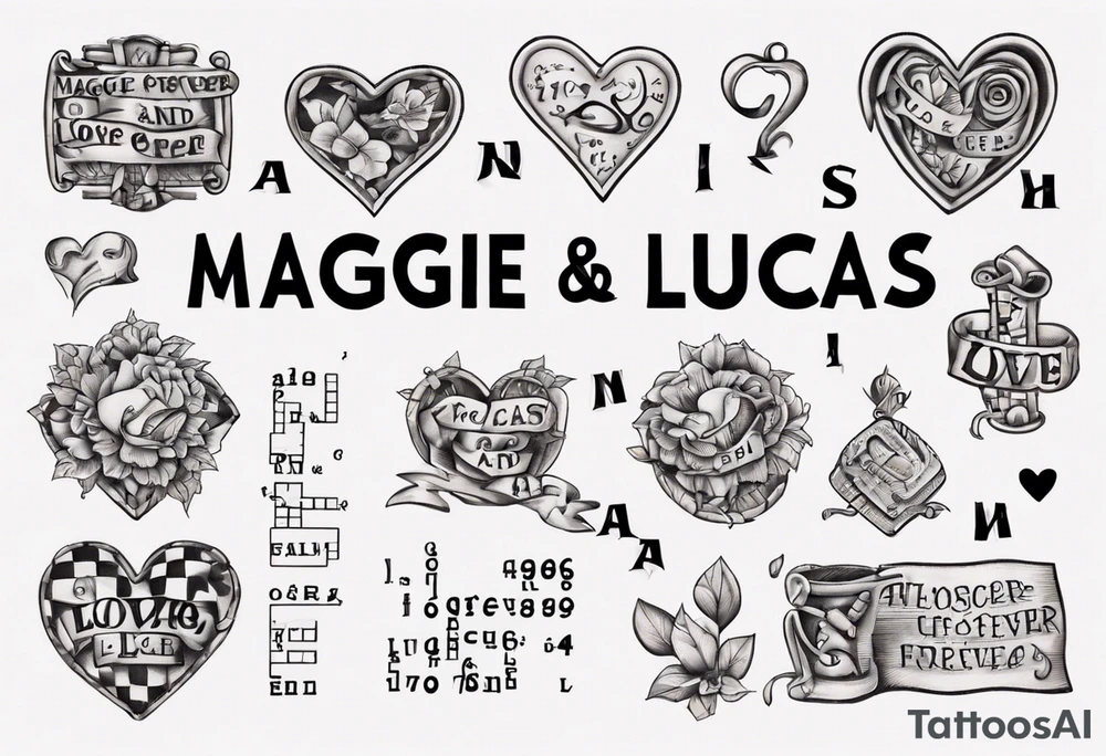 The words Maggie and Lucas and Love and Forever in a crossword puzzle tattoo idea