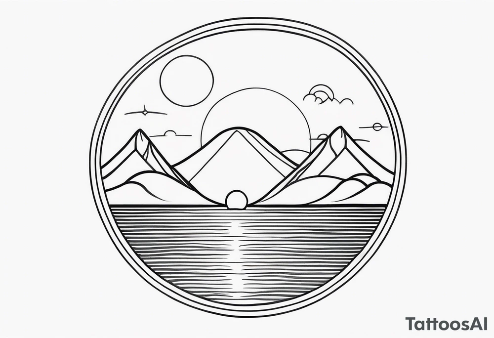 Line art minimalist sun mountain ocean simple one line tattoo idea