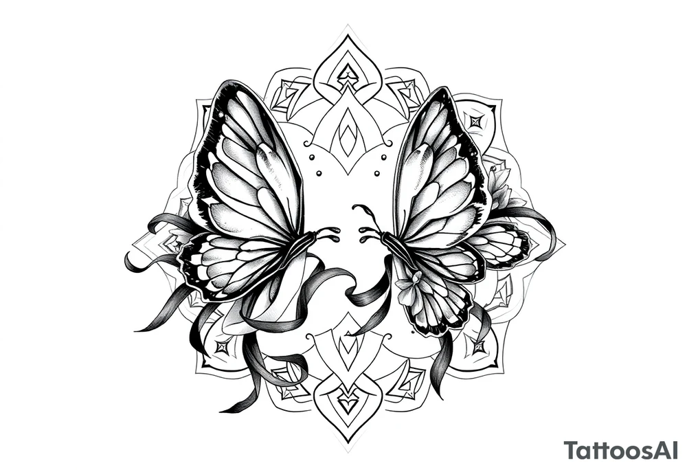 ethereal butterflies with flowing silk ribbons in geometric mandala tattoo idea