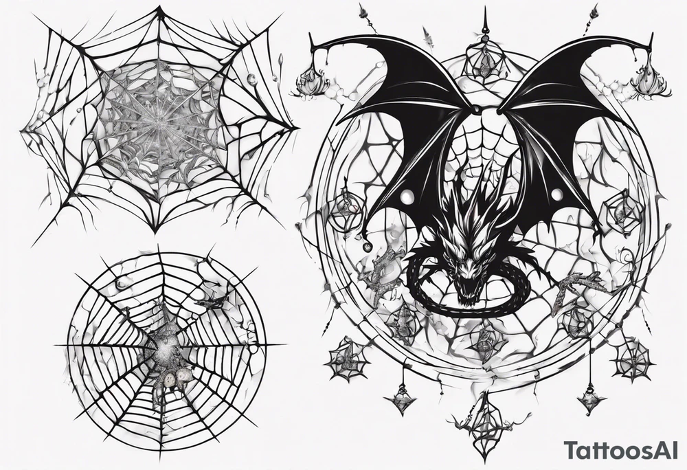 Dragon in a spiral spiderweb with jewels and shattered chalices and one spider tattoo idea