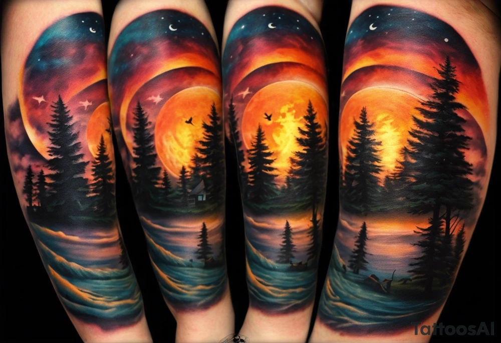 Tattoo of a family of four on a male forearm 
- dad, mom and two boys around a campfire.  Background is a sunset at the bottom, night at the top with a big beautiful moon. I would like it to be encased in a circle with the words "All that I need is the air that I breathe, and all that I need are things I don't need, and all that really matters is what matters to me". tattoo idea