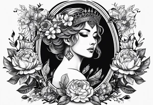 persephone goddess theme tattoo with a dark or gothic perspective. Include pomegranate, flowers and her being the queen of the underwood tattoo idea