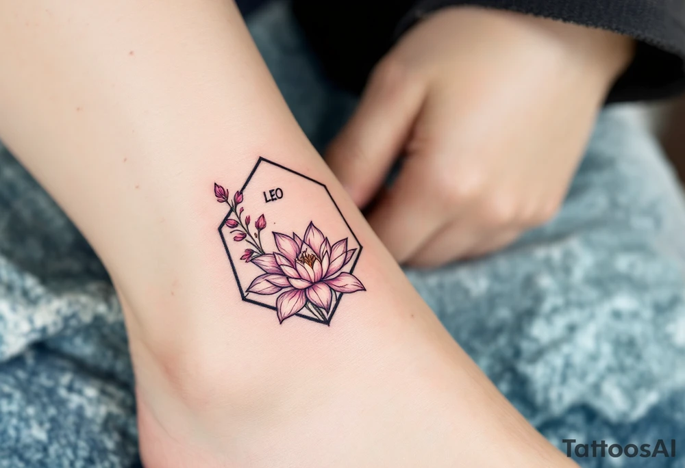 Leo symbol, larkspur and water lily surrounded by a hexagon tattoo idea