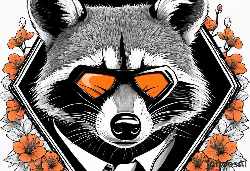 raccoon wearing a black and white Superman hoodie and orange Japanese cherry blossoms tattoo idea