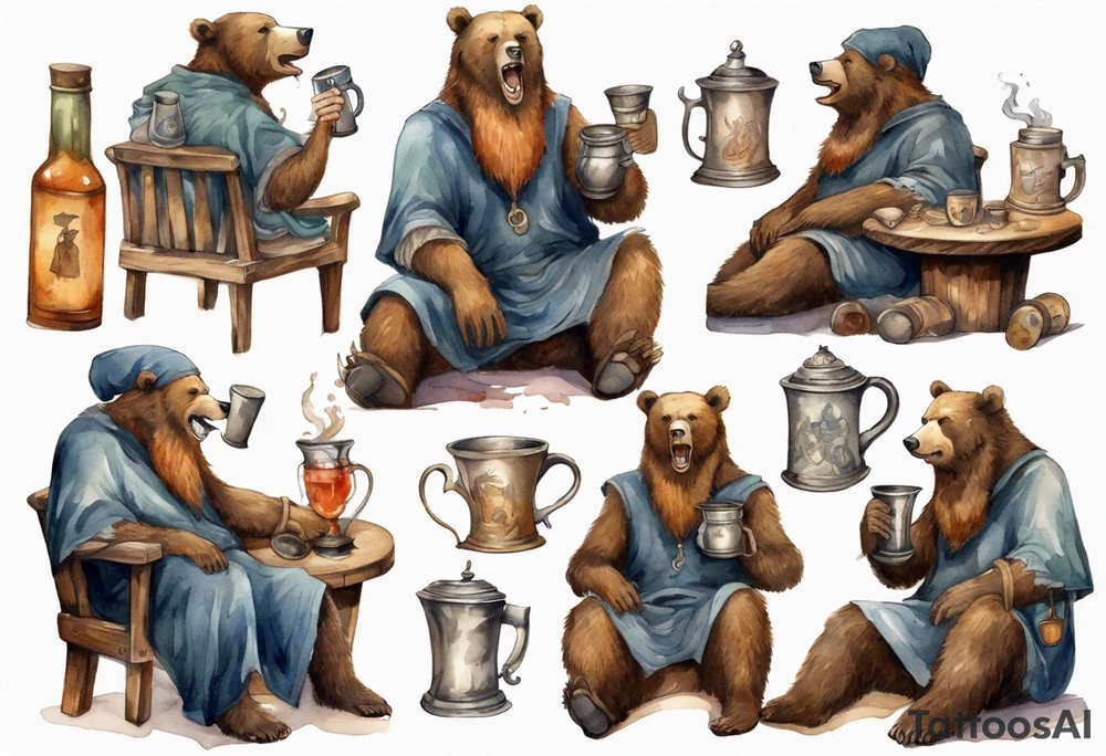 a bear-human hybrid with a long beard wearing a tunic and Phrygian cap and drinking from a pewter mug in a tavern, sitting in a chair, laughing tattoo idea