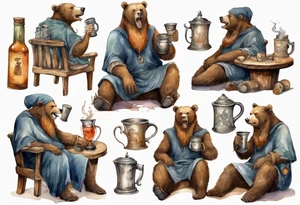 a bear-human hybrid with a long beard wearing a tunic and Phrygian cap and drinking from a pewter mug in a tavern, sitting in a chair, laughing tattoo idea