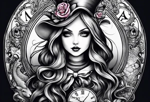 full arm sleeve very dark Alice in wonderland tattoo idea