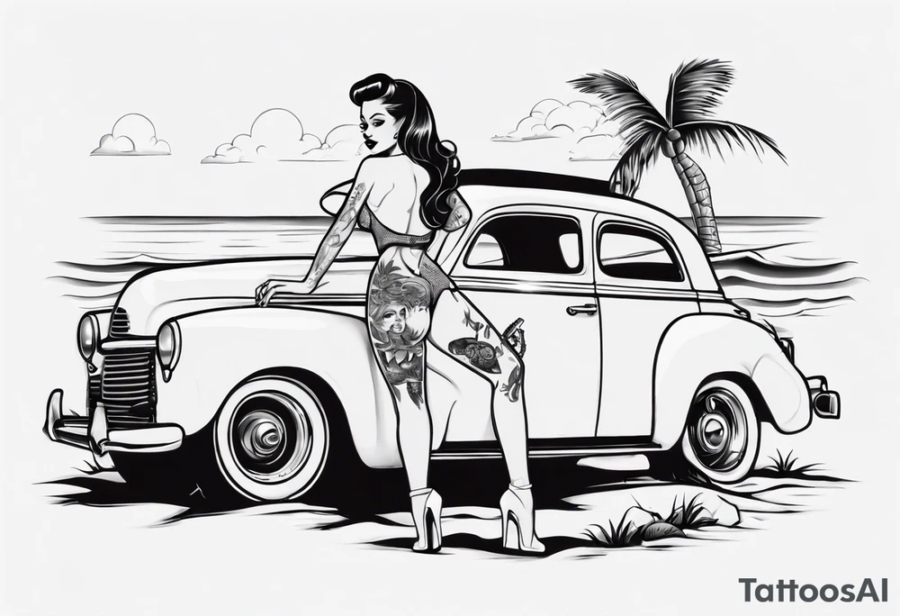 Pinup doll standing next to an old car along the beach tattoo idea