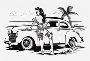 Pinup doll standing next to an old car along the beach tattoo idea