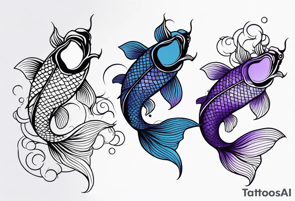 A male and female blue and purple koi fish with whiskers with three babies tattoo idea