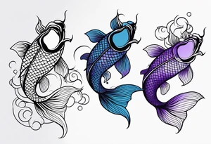 A male and female blue and purple koi fish with whiskers with three babies tattoo idea