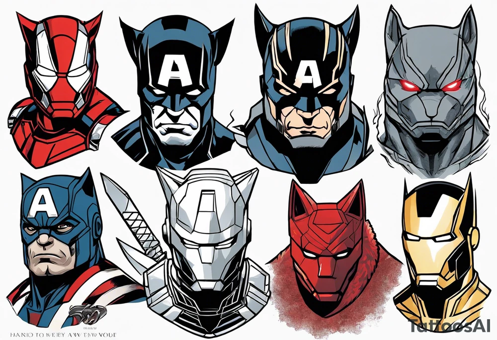 I want to change Avengers characters with animals. Hulk will be Badger, Thor will be Alpha Grey Wolf, Captain America will be Bull, Iron Man will be Canary, Black Widow will be Axolotl, Hawk Eye will be Sudan Plated Lizard and Nick Fury will be Cat tattoo idea