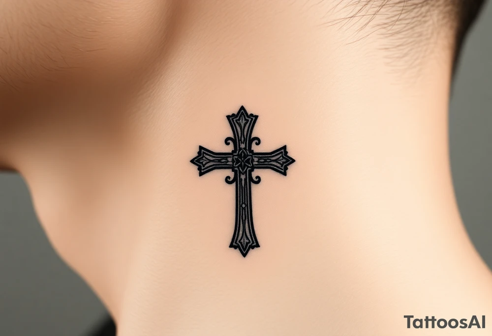 orthodox christian cross relatively small on side of left neck tattoo idea